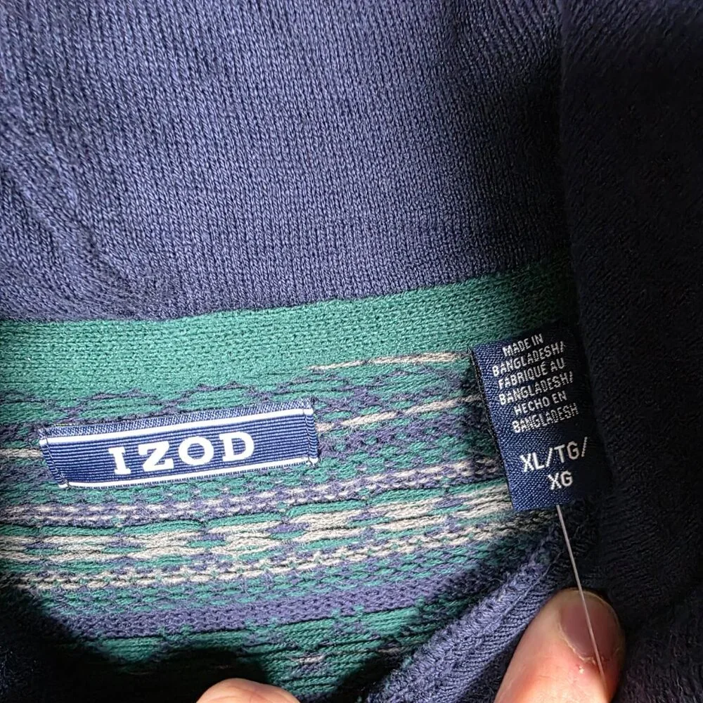 Izod Sweater Mens Size XL Navy Green Cable Knit‎ Fairisle Hoodie Classic Chunky